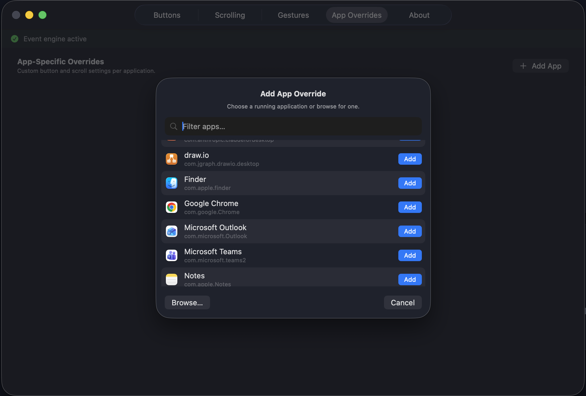 AuraMouse per-app override configuration