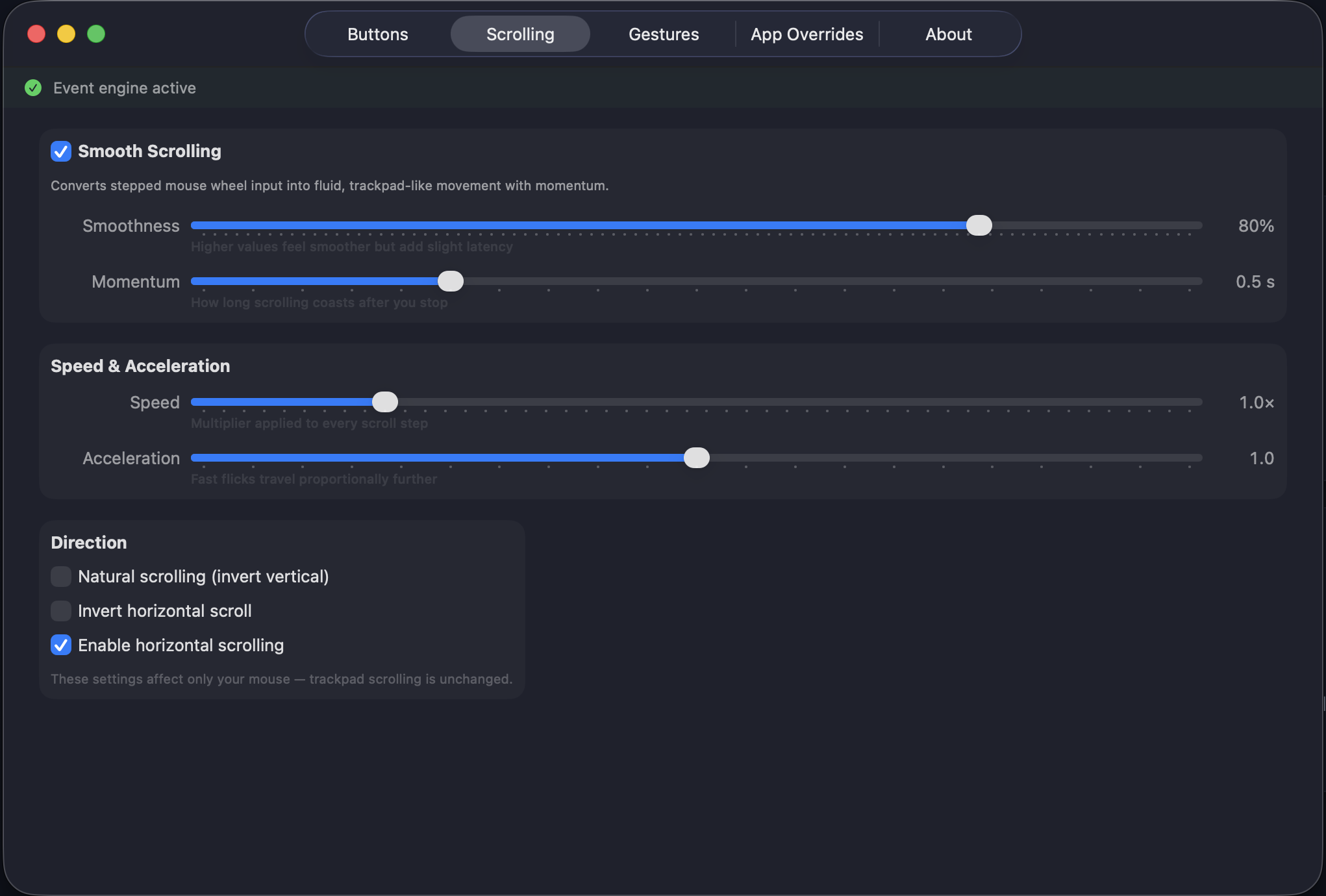 AuraMouse smooth scrolling settings